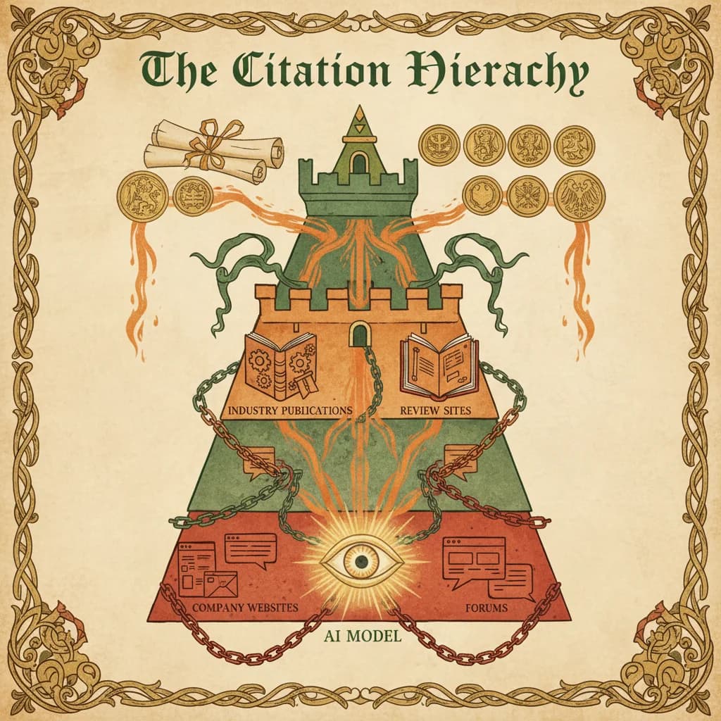 Medieval hierarchy pyramid showing source trust levels: academic and government sources at top in gold, industry publications and reviews in middle, company websites at bottom, with ember-colored citation flows connecting to central AI oracle