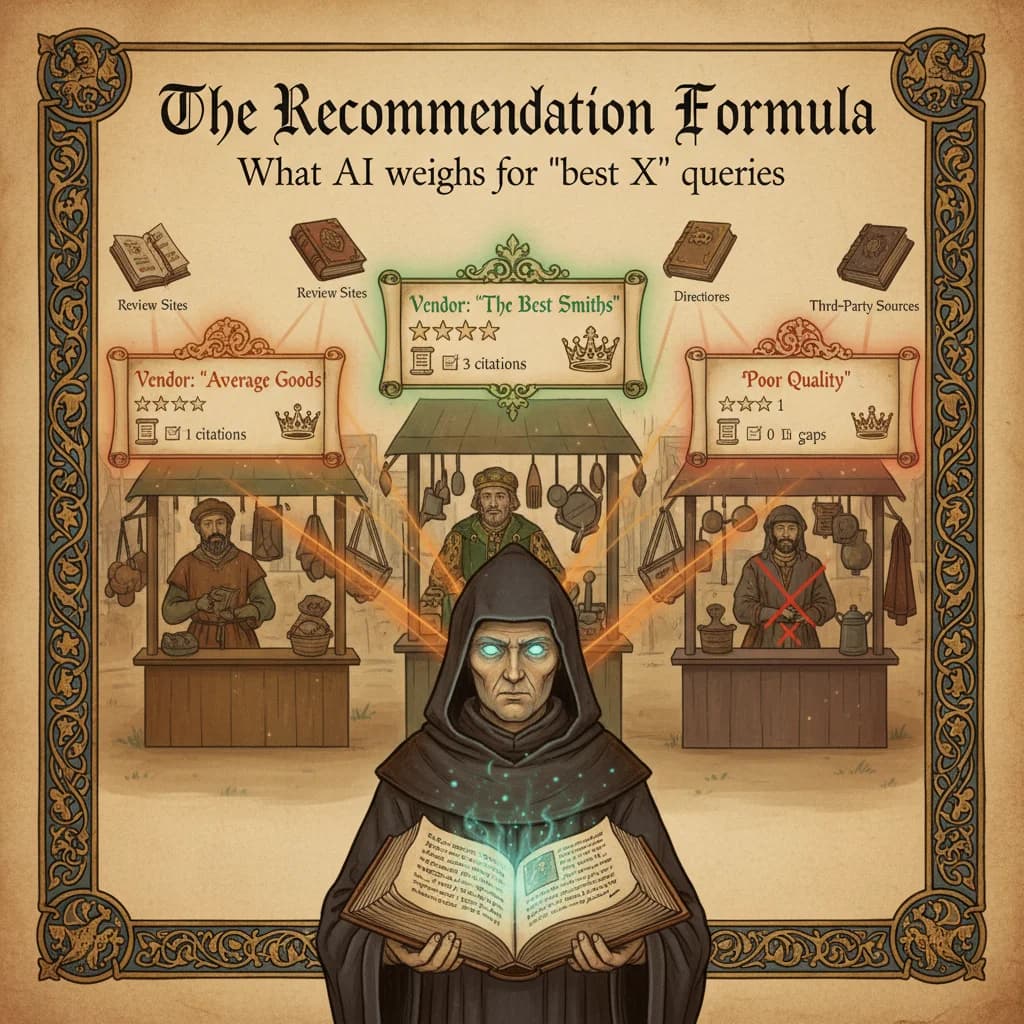 Medieval marketplace with three vendor stalls being evaluated by hooded AI oracle figure, ember-colored beams from review sites and third-party sources connecting to oracle, one stall glowing with approval