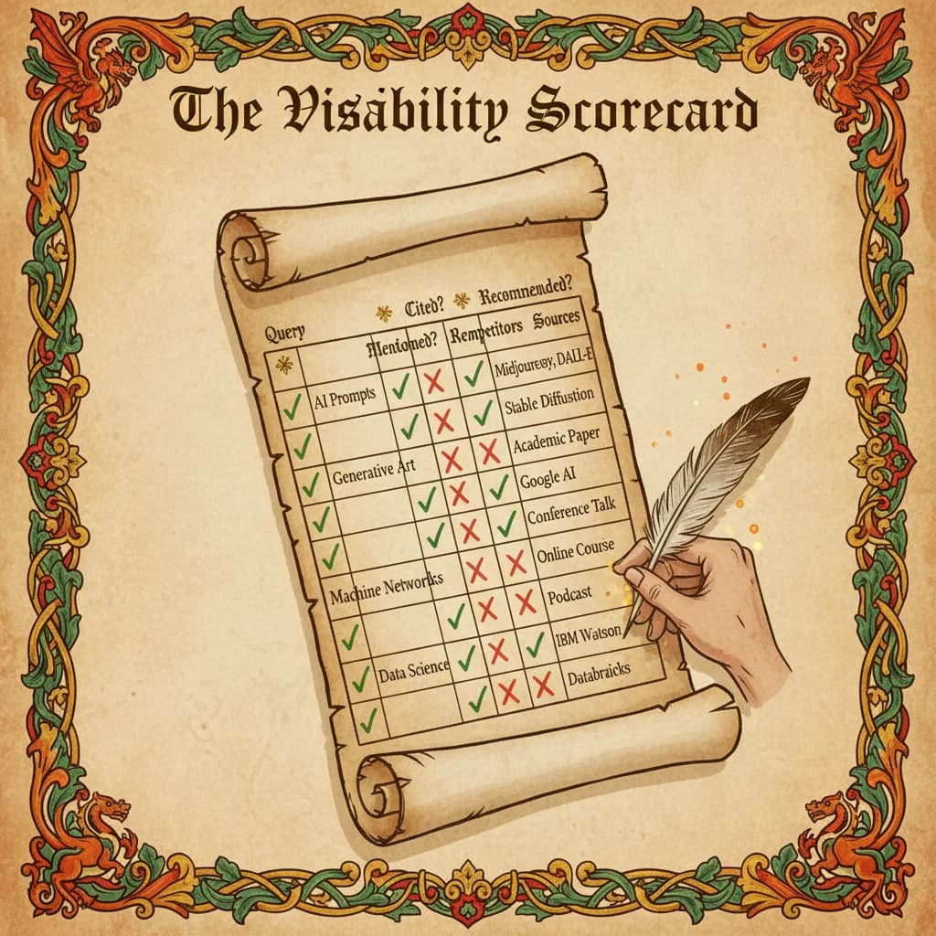 Medieval ledger showing visibility tracking scorecard with columns for Query, Mentioned, Cited, Recommended, Competitors, and Sources—check marks in green, gaps in red