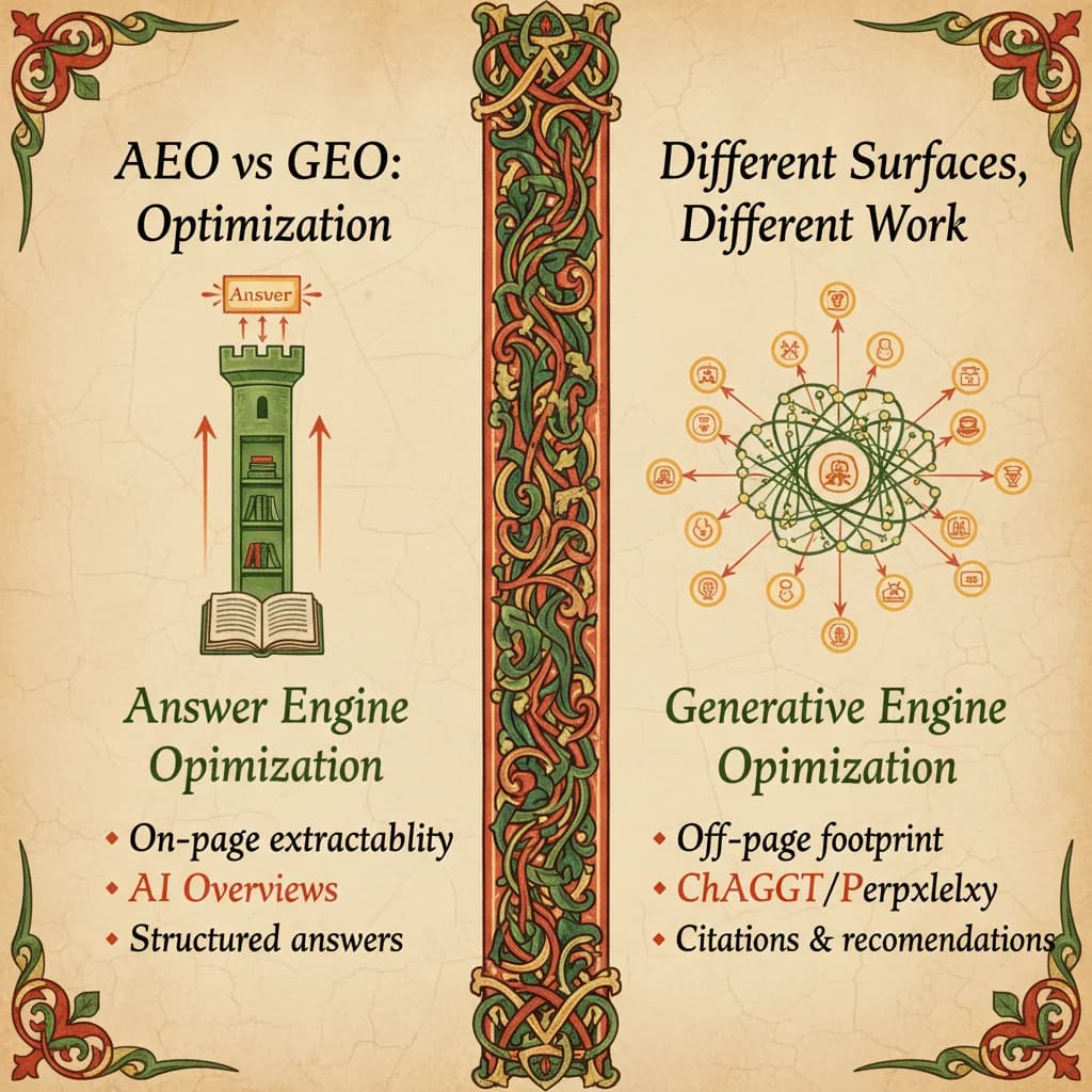Medieval manuscript-style infographic comparing AEO (on-page extractability with organized tower) and GEO (off-page citation network with connected nodes)