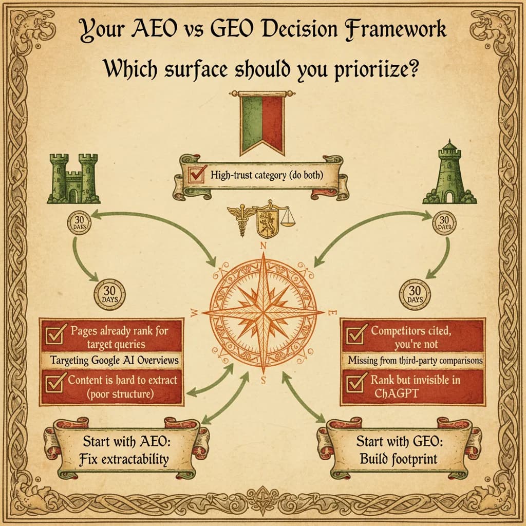Medieval-style decision flowchart showing when to choose AEO (on-page), GEO (off-page), or both based on specific criteria