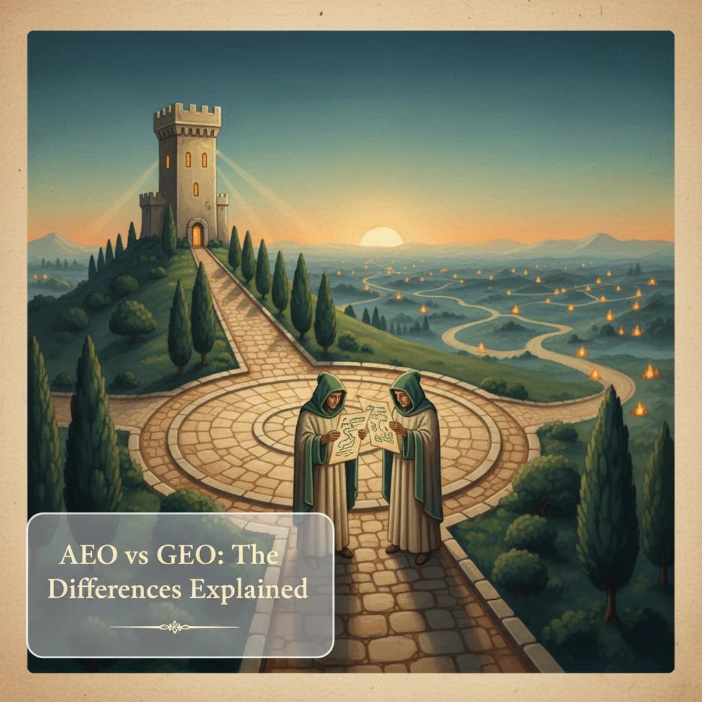 Medieval crossroads showing two paths: AEO's direct route to a tower and GEO's branching network of citation trails