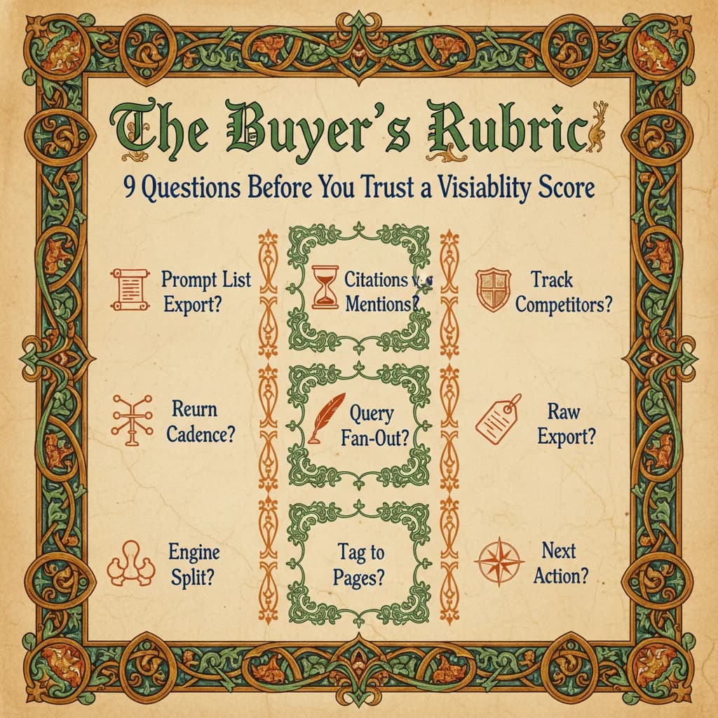 The Buyer's Rubric: 9 critical questions arranged in a medieval checklist format with decorative icons