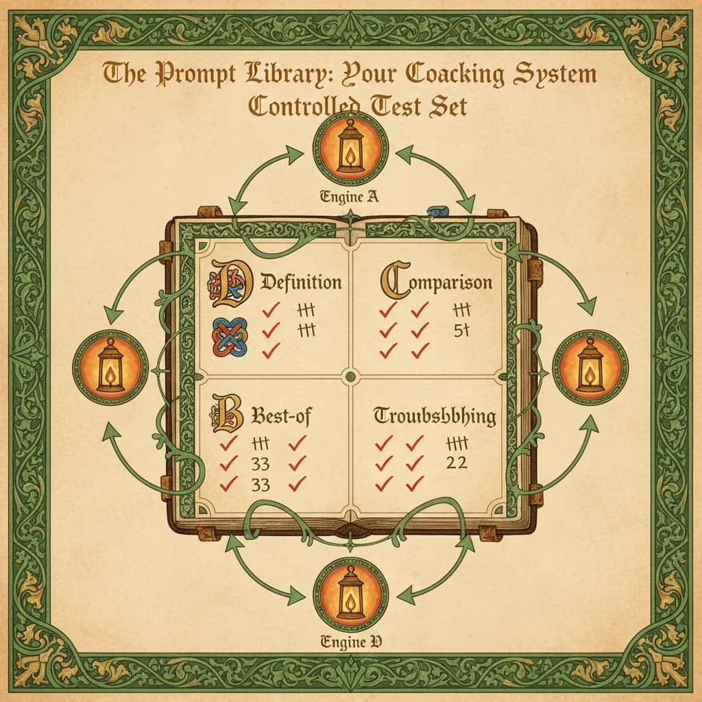 The Prompt Library tracking system diagram showing four prompt categories and AI engine tracking