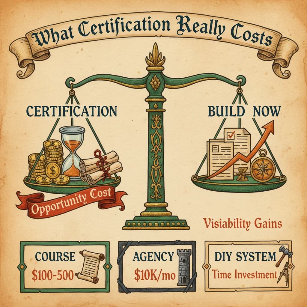 Medieval balance scales showing certification costs: money, time, and opportunity cost on one side versus building proof assets and real visibility gains on the other