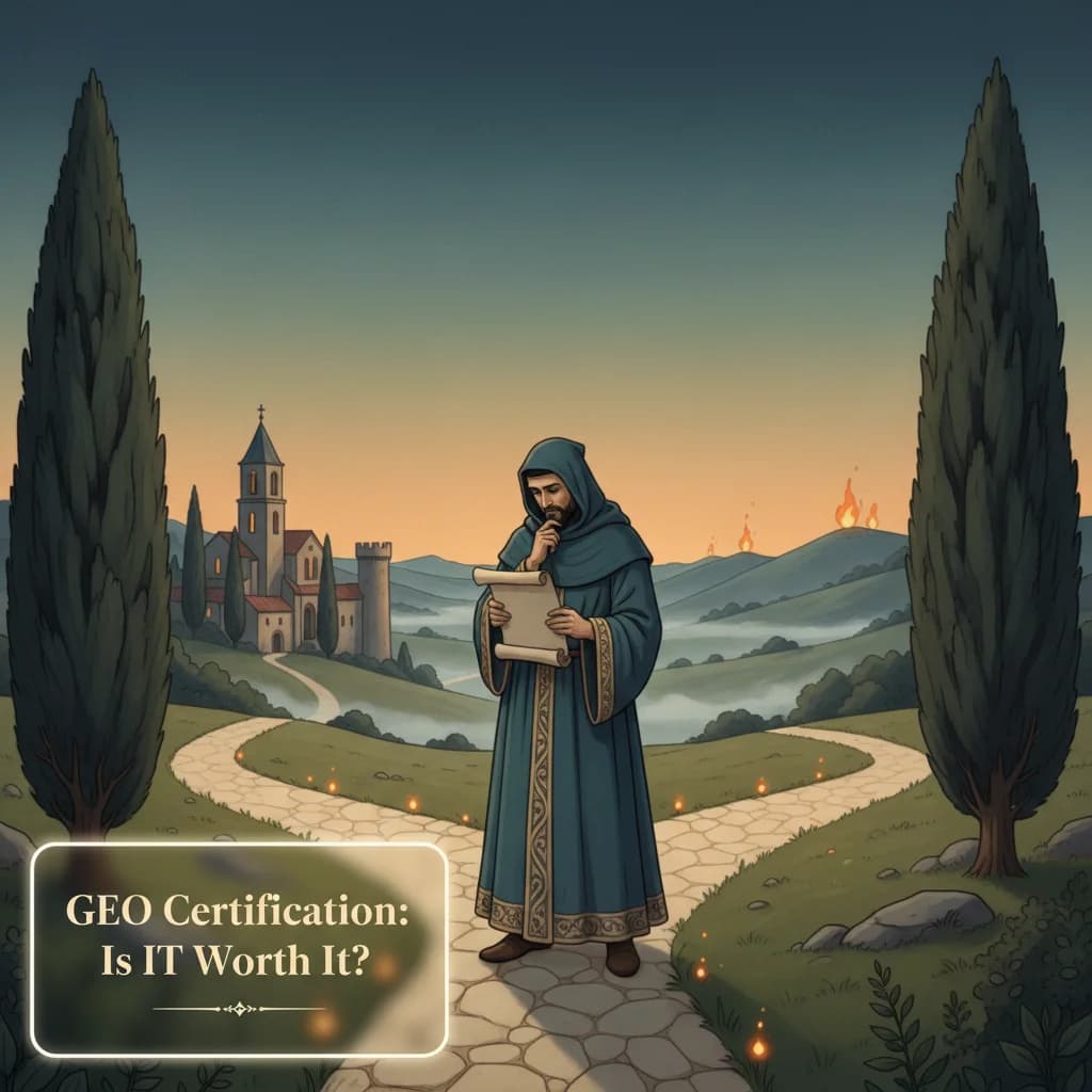 Medieval scholar at a crossroads examining certification scrolls under twilight sky, representing the decision between formal education and self-directed GEO learning