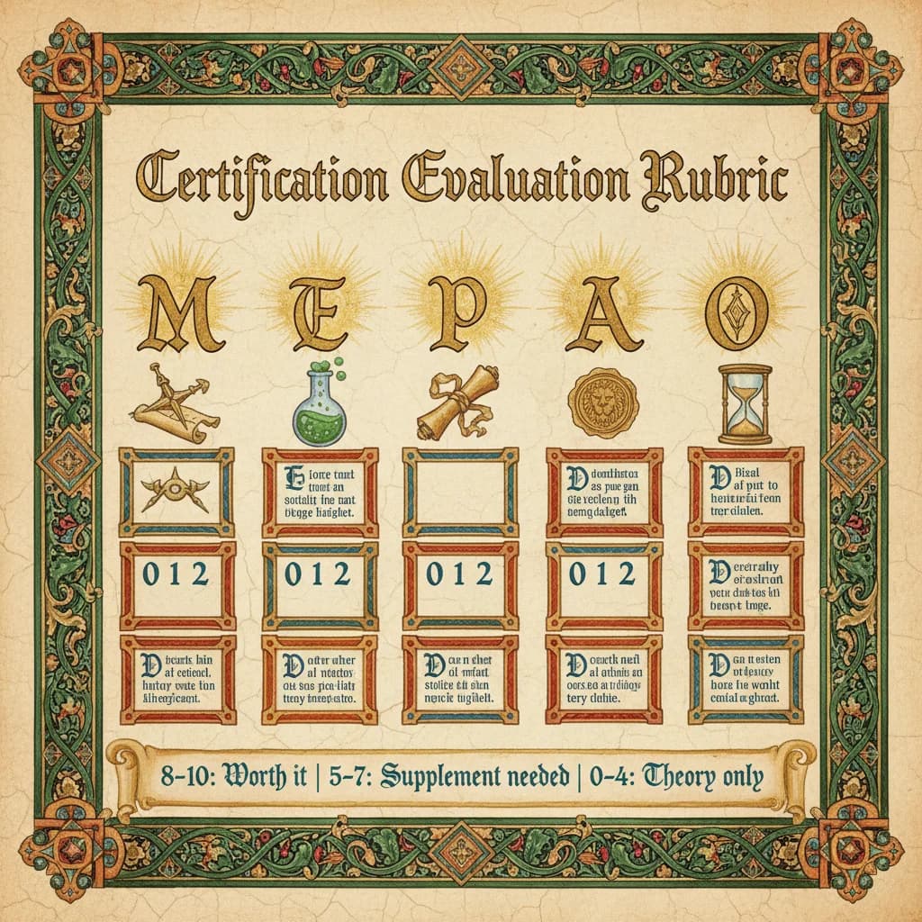 Medieval manuscript-style evaluation rubric showing five dimensions: Measurement, Experiment Design, Proof Assets, Authority Signals, and Operations with scoring guide