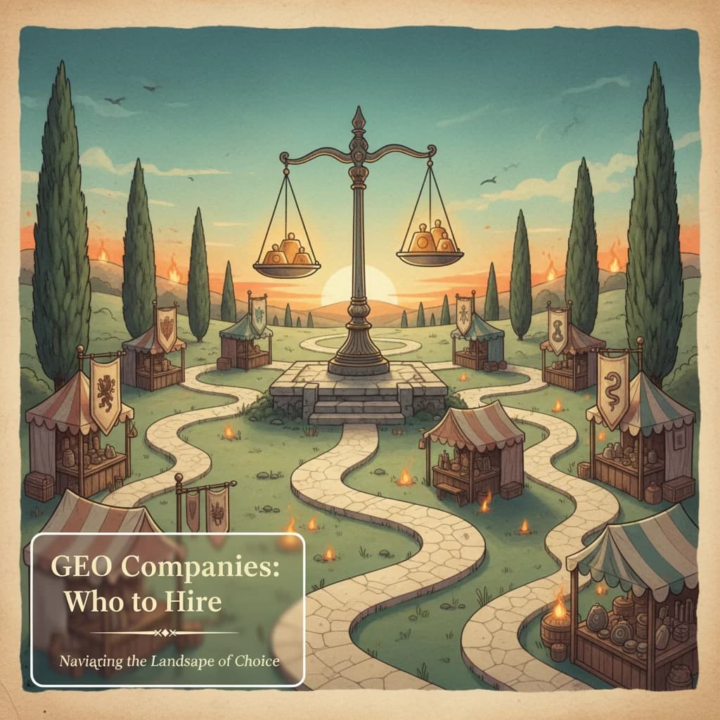 Medieval merchant crossroads with converging paths leading to an elevated platform with a glowing balance scale, symbolizing the evaluation of GEO agencies