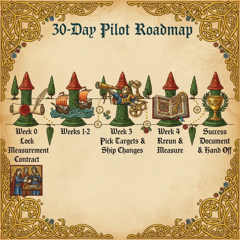 30-day pilot roadmap showing horizontal timeline with milestone markers: Week 0 (Lock Measurement Contract), Weeks 1-2 (Pick Targets & Ship Changes), Week 3 (Rerun & Measure), Week 4 (Document & Hand Off)