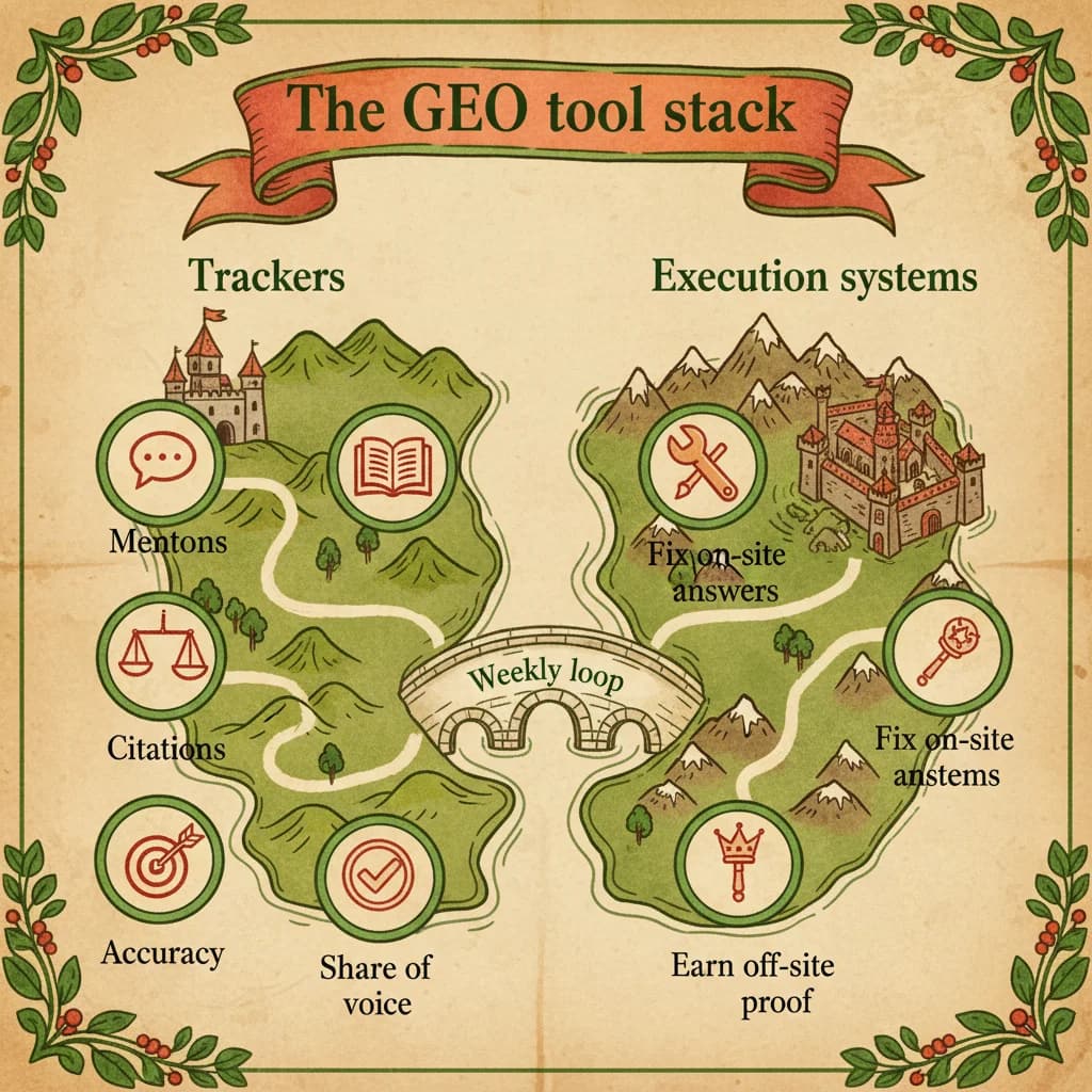 The GEO tool stack - Map showing trackers vs execution systems connected by a weekly loop