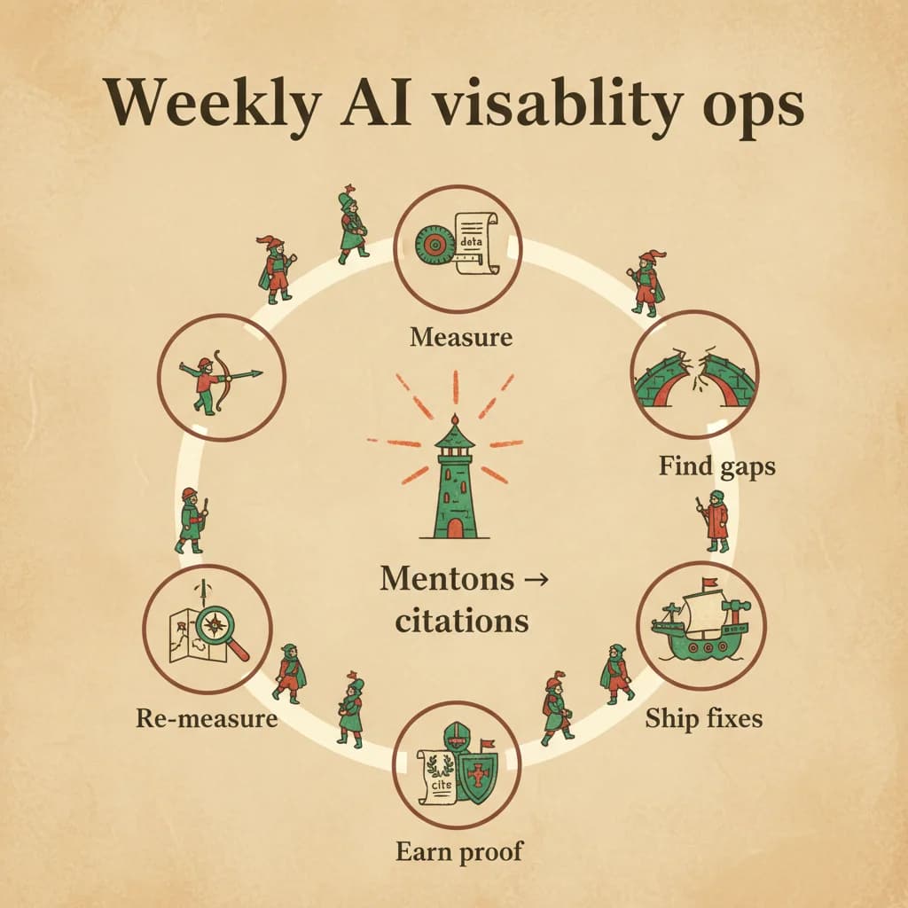 Weekly AI visibility ops cycle - measure, find gaps, ship fixes, earn proof, re-measure