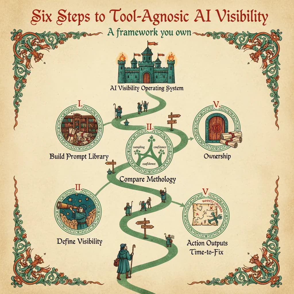 Six-step framework roadmap showing the journey from defining visibility (I) through building prompt library (II), comparing methodology (III), evaluating action outputs (IV), assessing time-to-fix (V), to ensuring ownership (VI)