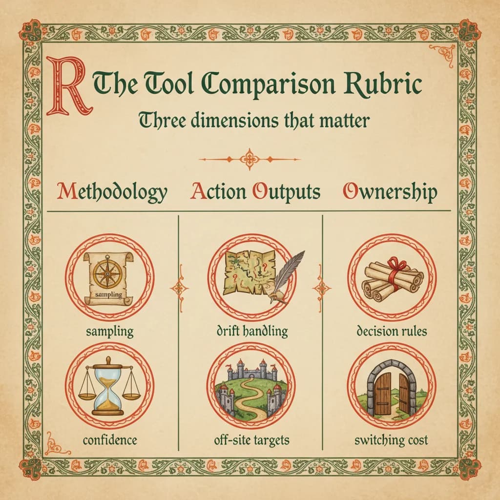 The tool comparison rubric showing three evaluation dimensions: methodology (sampling, drift, confidence), action outputs (citation gaps, fix suggestions, off-site targets), and ownership (exports, decision rules, switching cost)