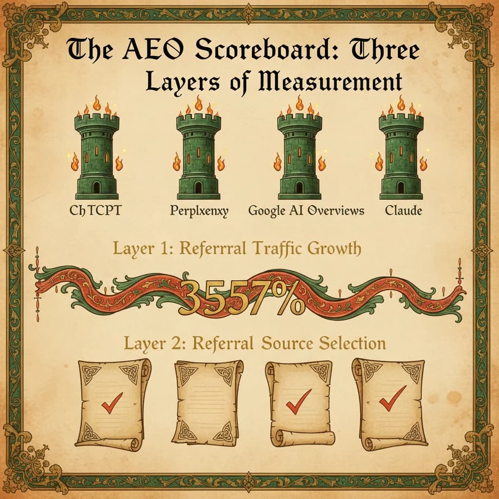 The AEO Scoreboard showing three layers of measurement: mentions by engine, referral signals, and page-level citations