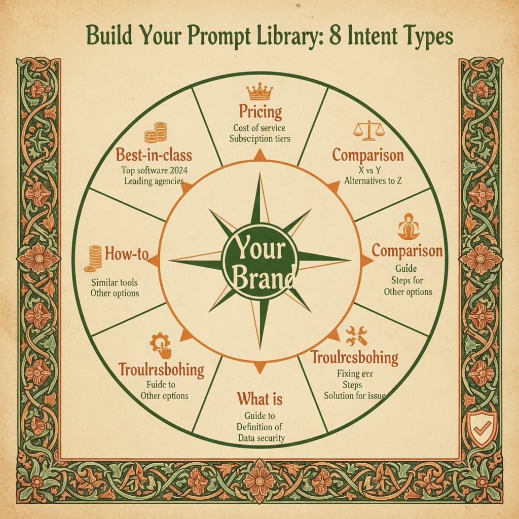 Radial diagram showing 8 prompt intent types arranged like a compass wheel around your brand