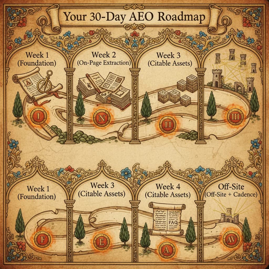 Medieval roadmap showing the four-week journey with waymarkers for each stage of AEO implementation