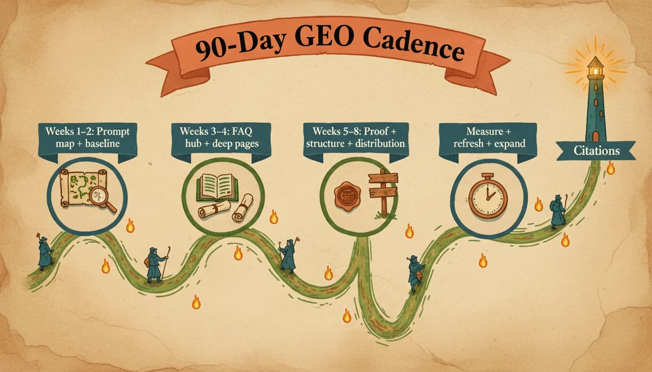 90-Day GEO cadence roadmap - journey map with four phases and a beacon labeled citations