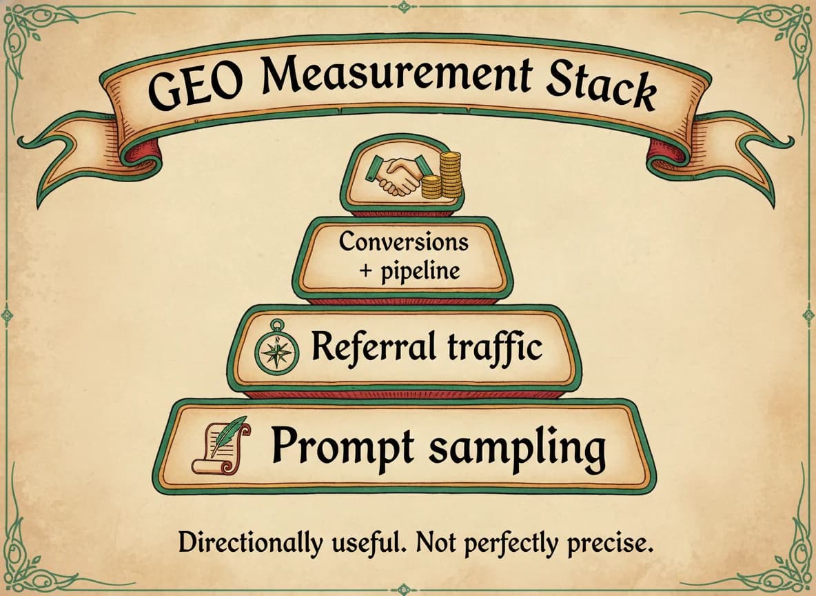 GEO measurement stack - three-layer diagram from prompt sampling to referral traffic to conversions