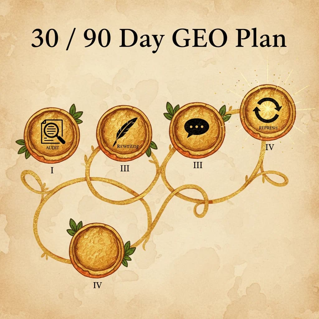 30 / 90-day GEO plan - journey map with milestones from baseline audit to off-site footprint