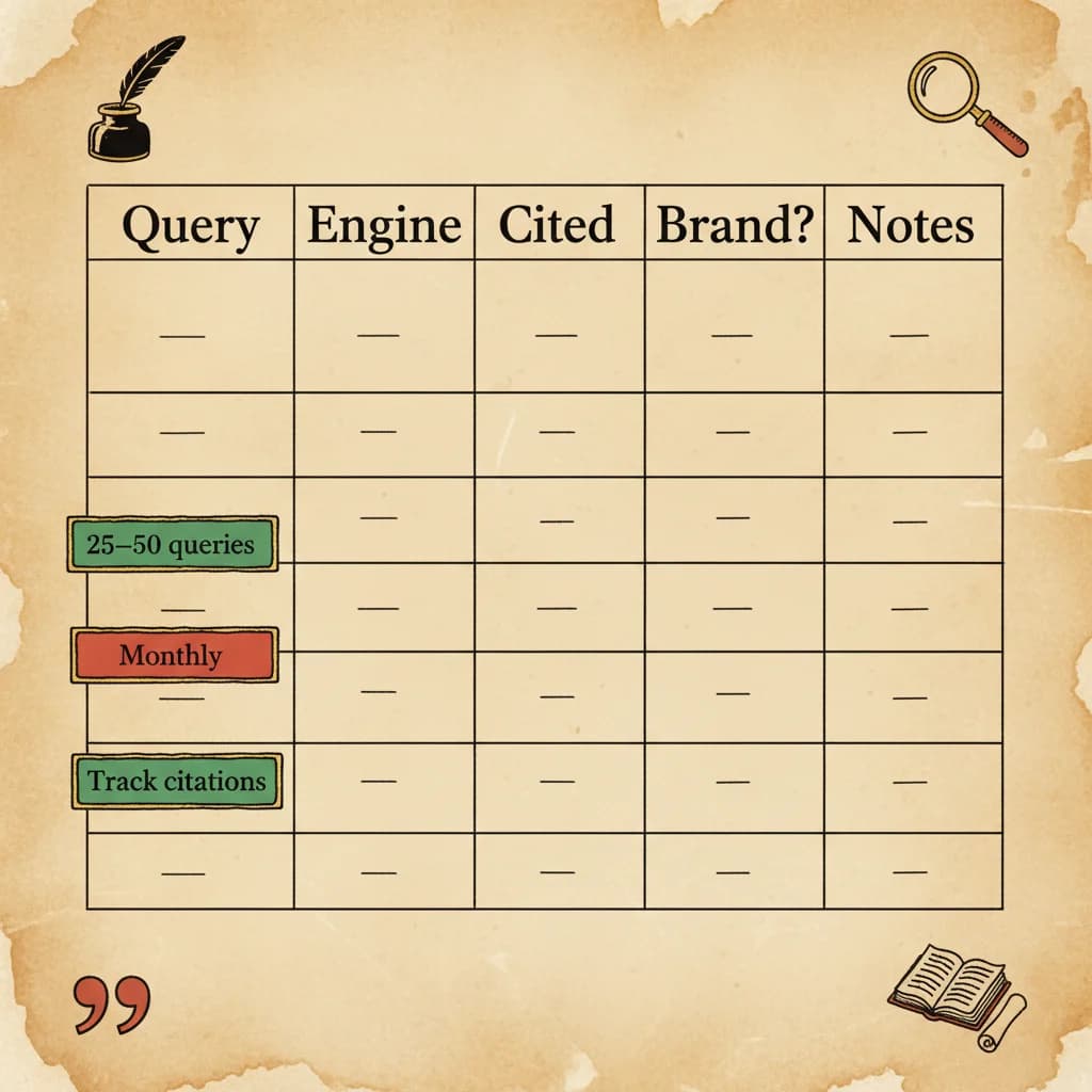 Citation baseline audit spreadsheet - table layout with columns for query, engine, cited domains, and brand appearance