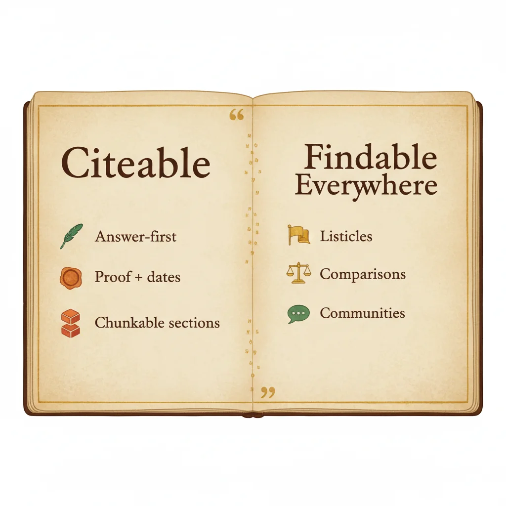Be citeable + be findable diagram - two-column manuscript layout showing on-page proof and off-site mentions