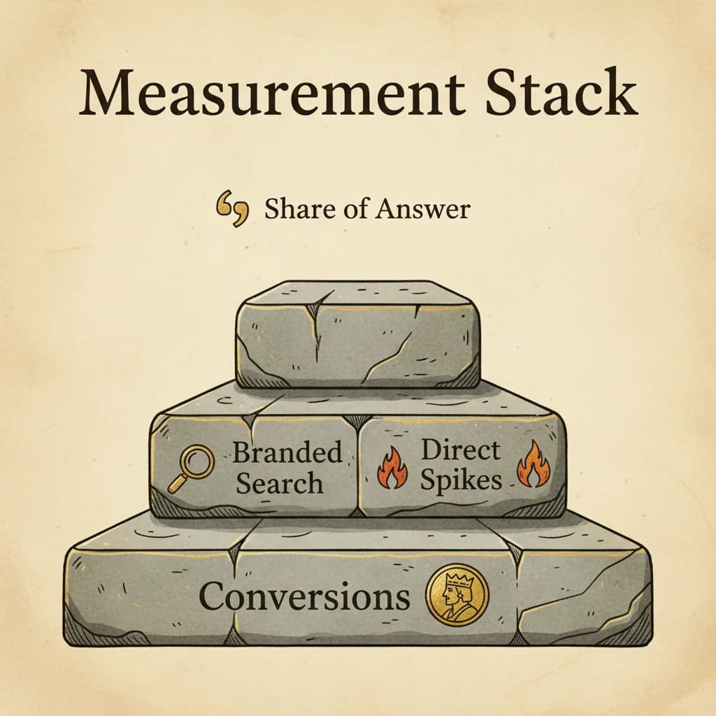 Measurement stack - three-layer diagram showing citation audit primary, branded search secondary, conversions tertiary
