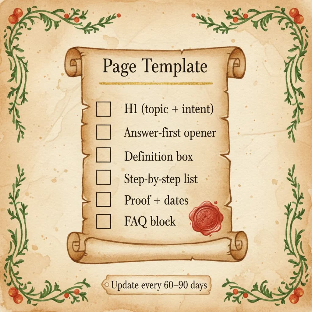 Page template checklist - step-by-step structure showing definition, proof block, FAQ, and freshness signals