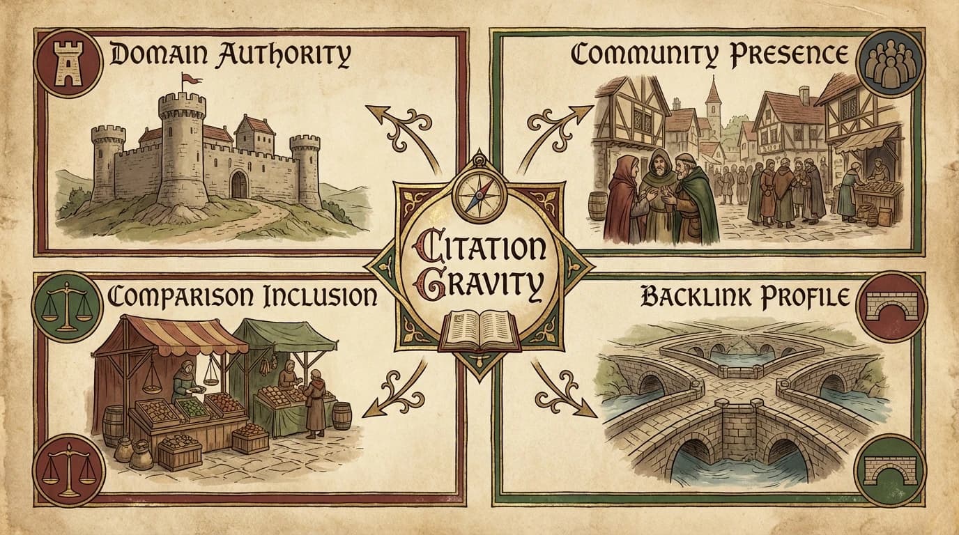 The Four Surfaces of the Omnipresence Framework - showing Domain, Community, Comparisons, and Backlinks as interconnected quadrants