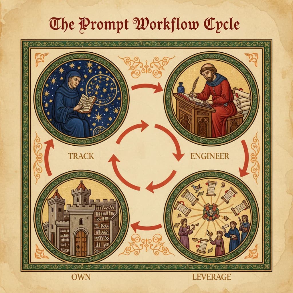 The Prompt Workflow Cycle: Track, Engineer, Leverage, Own - illustrated as four connected medallions in illuminated manuscript style