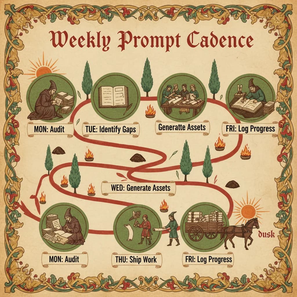 Weekly Prompt Cadence: A winding path showing Monday through Friday workflow stations in medieval manuscript style