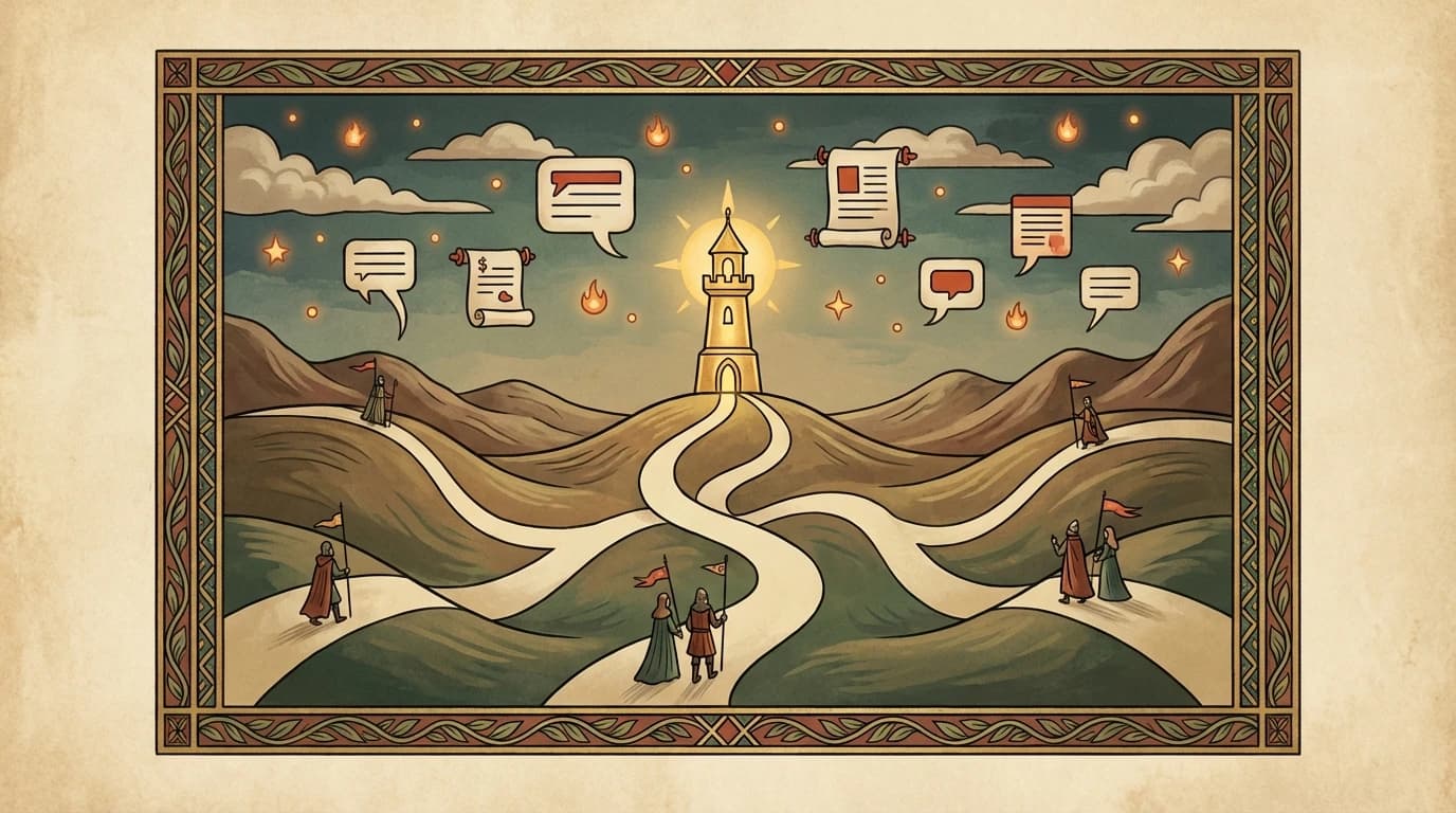 What is AI Visibility - Multiple paths converging to a central beacon with AI chat bubbles and citation symbols in the Scapeon world