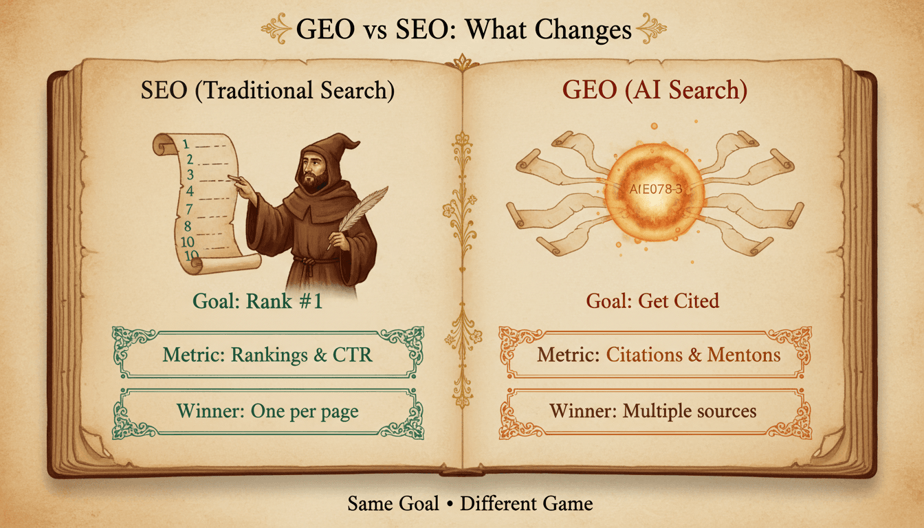 GEO vs SEO Comparison - Medieval manuscript showing the key differences between traditional search and AI search