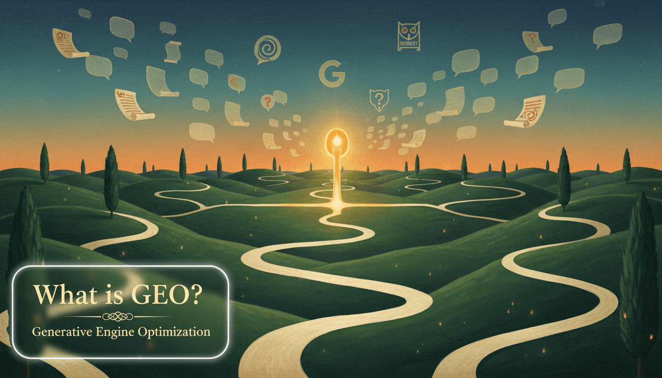 What is GEO - Converging paths with AI chat bubbles flowing to a golden beacon in the Scapeon world