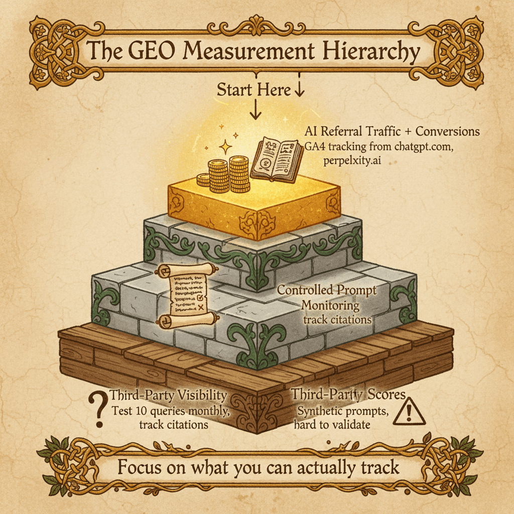 The GEO Measurement Hierarchy - Three-tier pyramid showing AI Referral Traffic at top, Controlled Monitoring in middle, Third-Party Scores at bottom