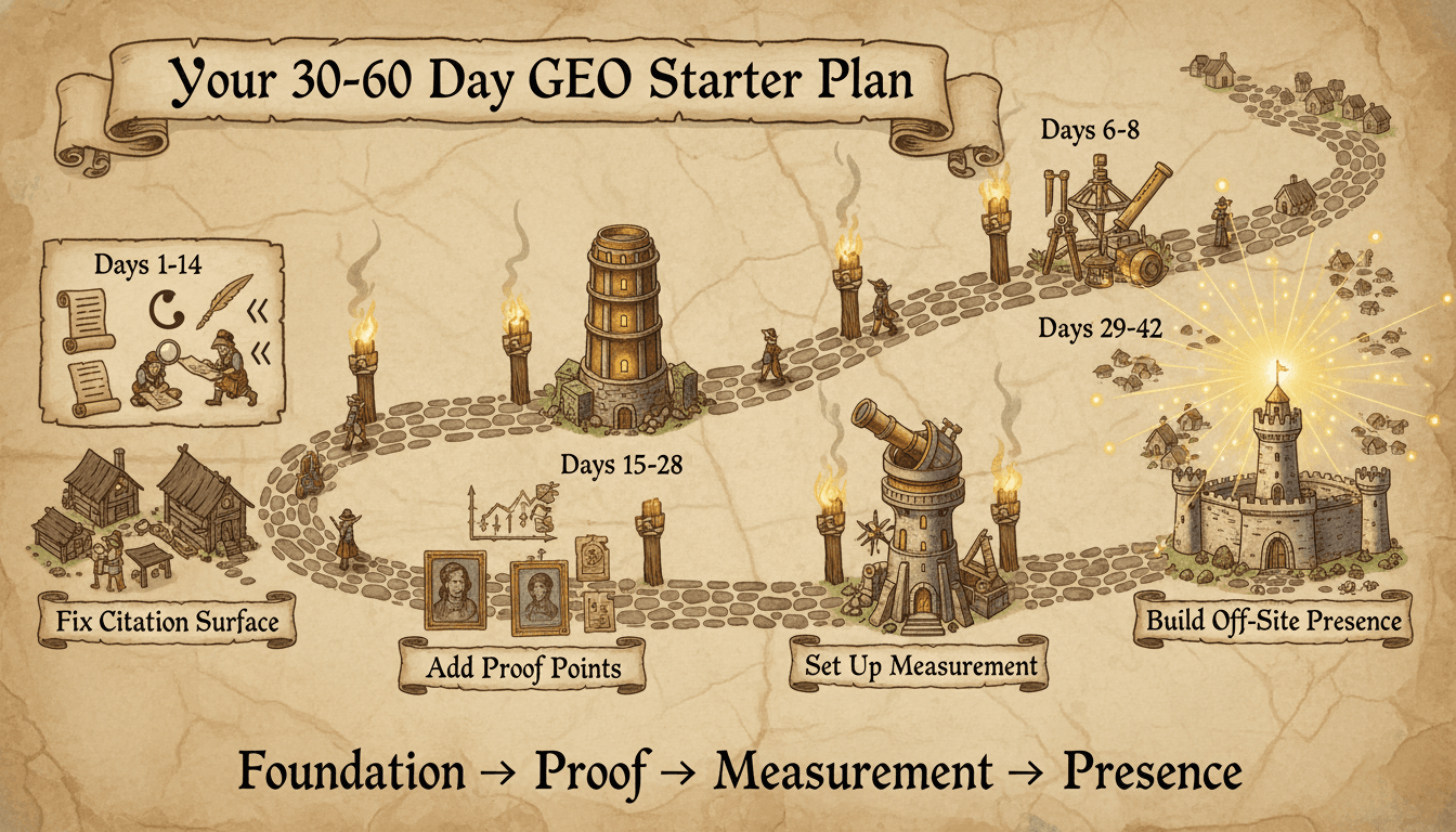 30-60 Day GEO Starter Plan - Medieval journey map showing four phases from Foundation to Presence