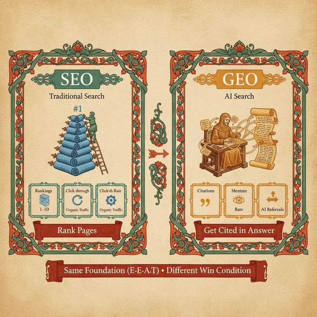 GEO vs SEO Comparison - Medieval manuscript showing key differences