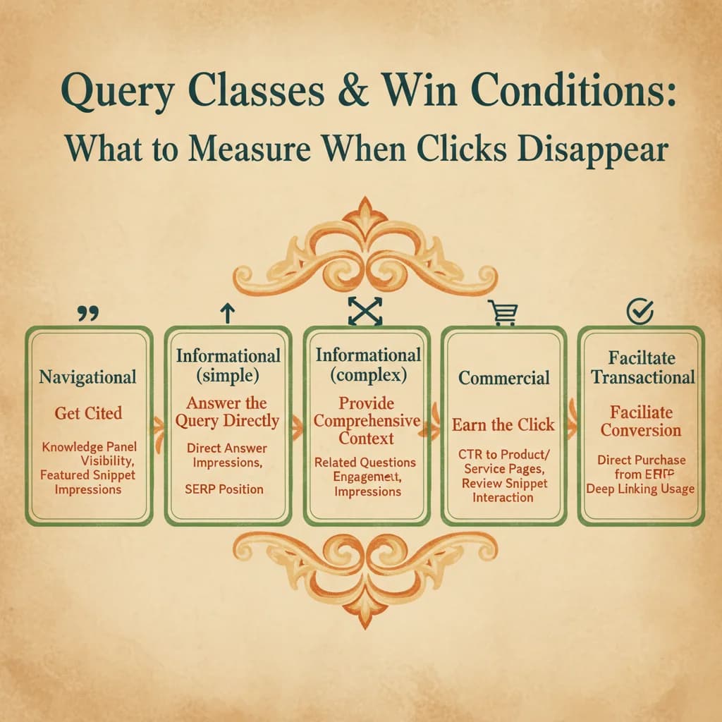 Measurement framework showing 5 query types with different win conditions: from navigational queries where users need to reach your site, to transactional queries where conversion is the goal