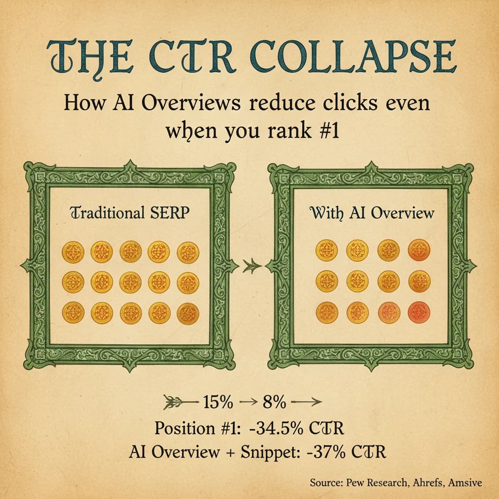 Data visualization showing CTR decline from 15% to 8% when AI Overviews appear, with additional statistics on position #1 impact