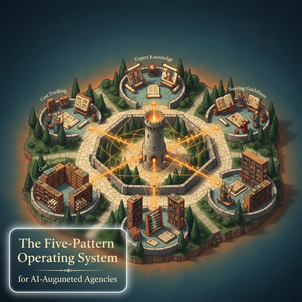 Medieval manuscript illustration of an interconnected system of scrolls, paths, and a central tower