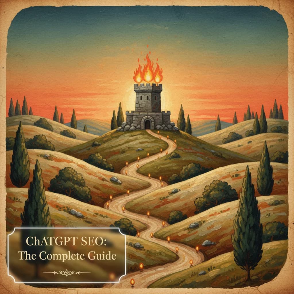 Medieval landscape showing converging paths leading to a central beacon, representing AI visibility across ChatGPT, Perplexity, and Google AI Overviews