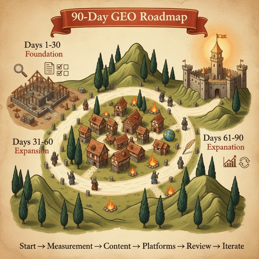 90-Day GEO Roadmap - Medieval journey map showing the three phases: Foundation, Expansion, and Optimization