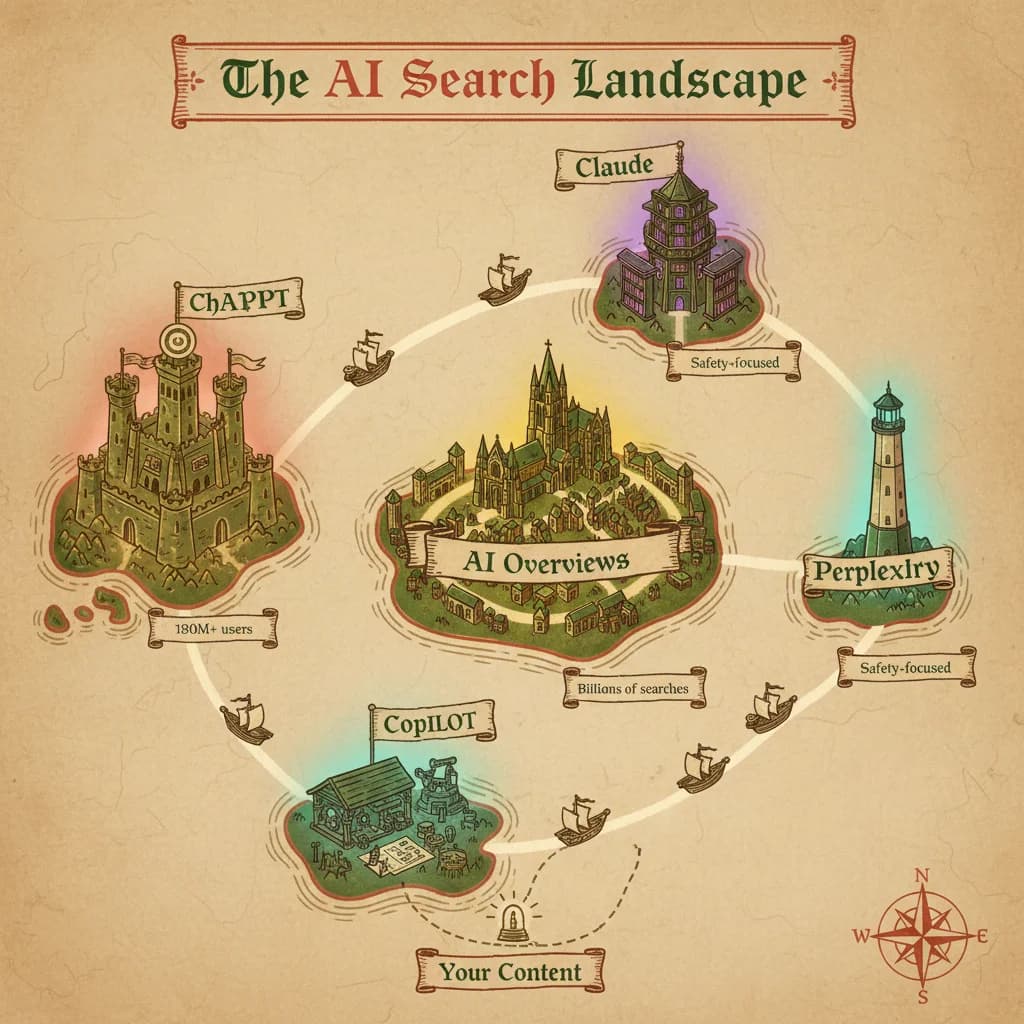 The AI Search Landscape - Medieval map showing ChatGPT, Google AI Overviews, Perplexity, Claude, and Copilot as territories