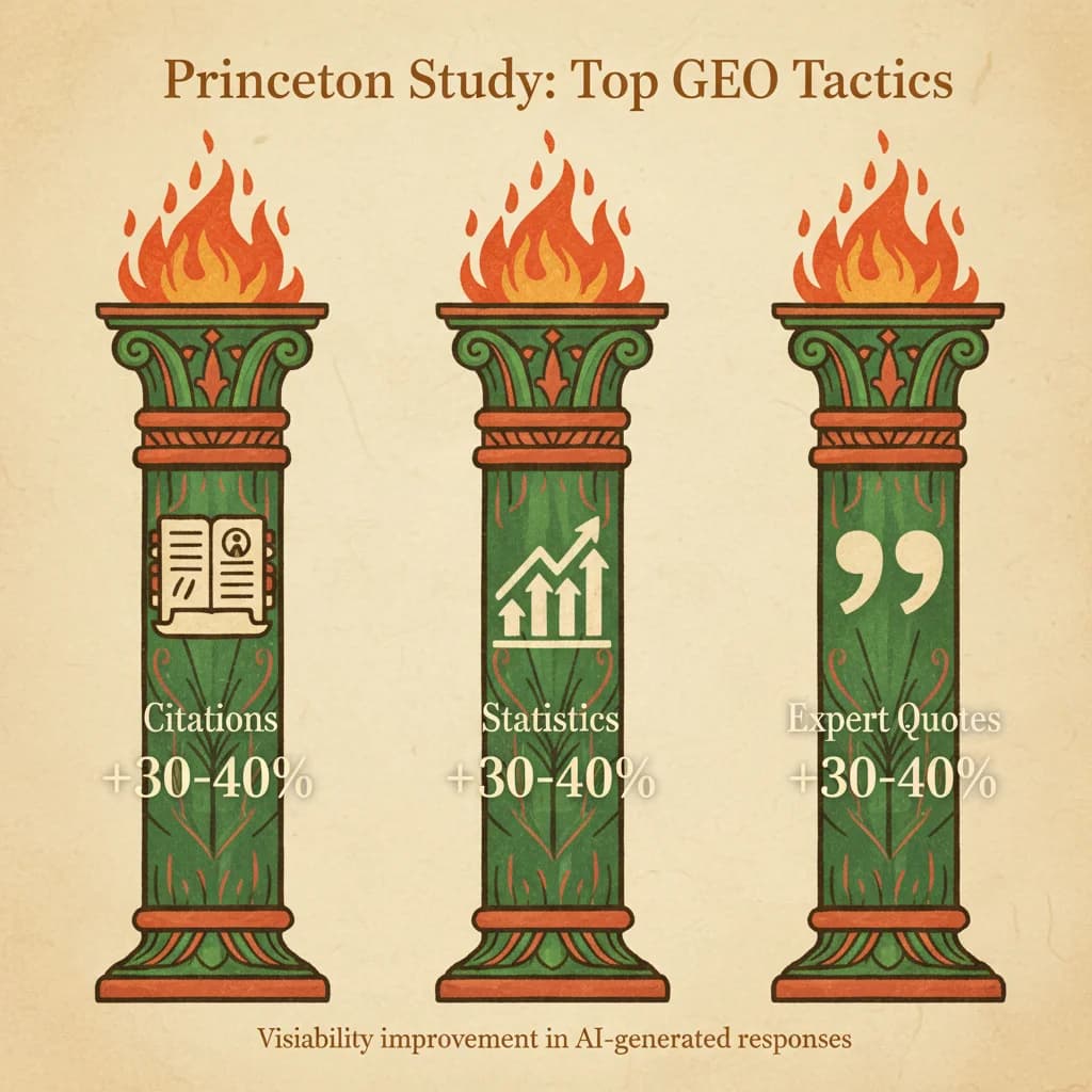 Princeton Study: Top GEO Tactics - Three pillars showing Citations, Statistics, and Expert Quotes each with +30-40% improvement