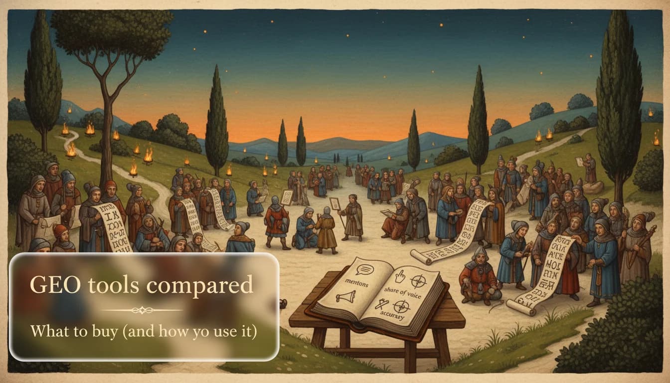 GEO tools compared - Scapeon tool bazaar scene with scribes comparing scrying mirrors and scrolls, with title glass panel