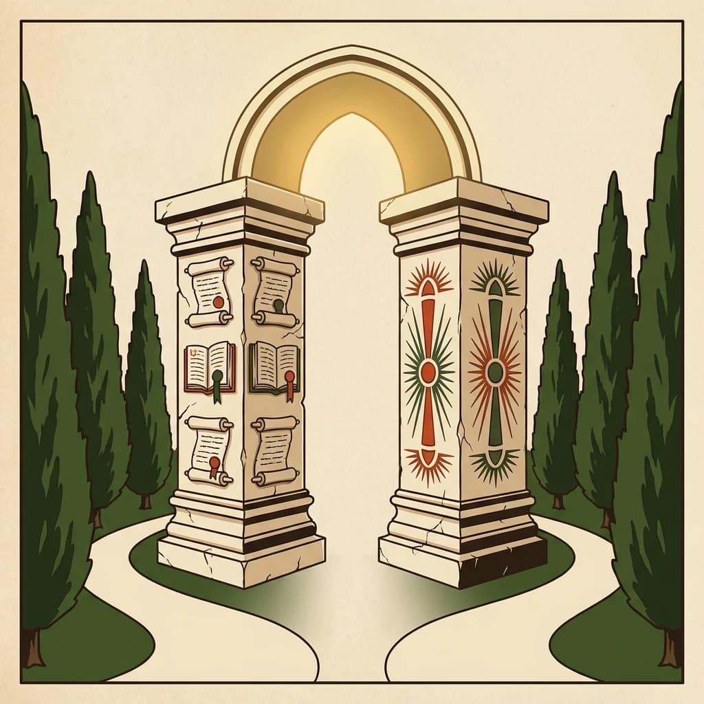 Medieval twin pillars representing GEO and SEO as complementary approaches supporting a shared archway