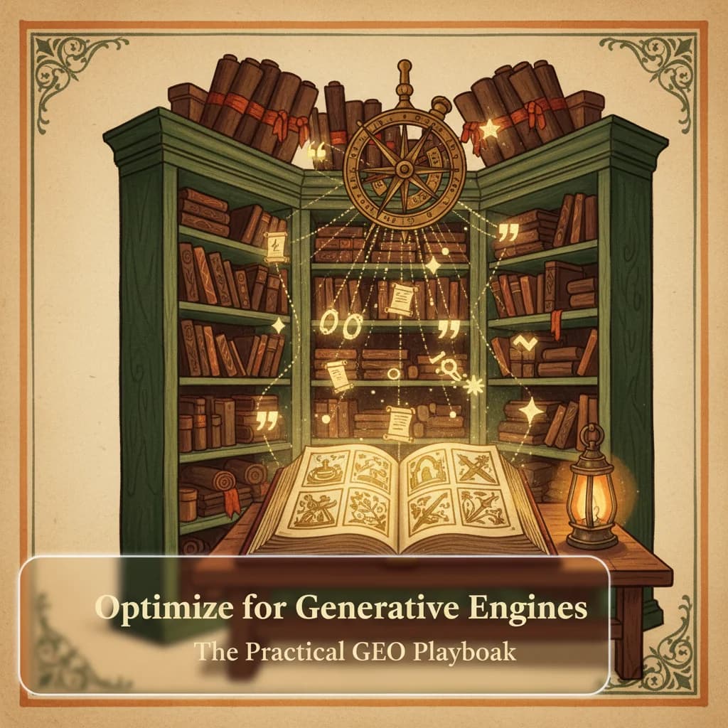 Optimize for Generative Engines - illuminated manuscript scene with a glowing codex, astrolabe, and citation-constellation title panel