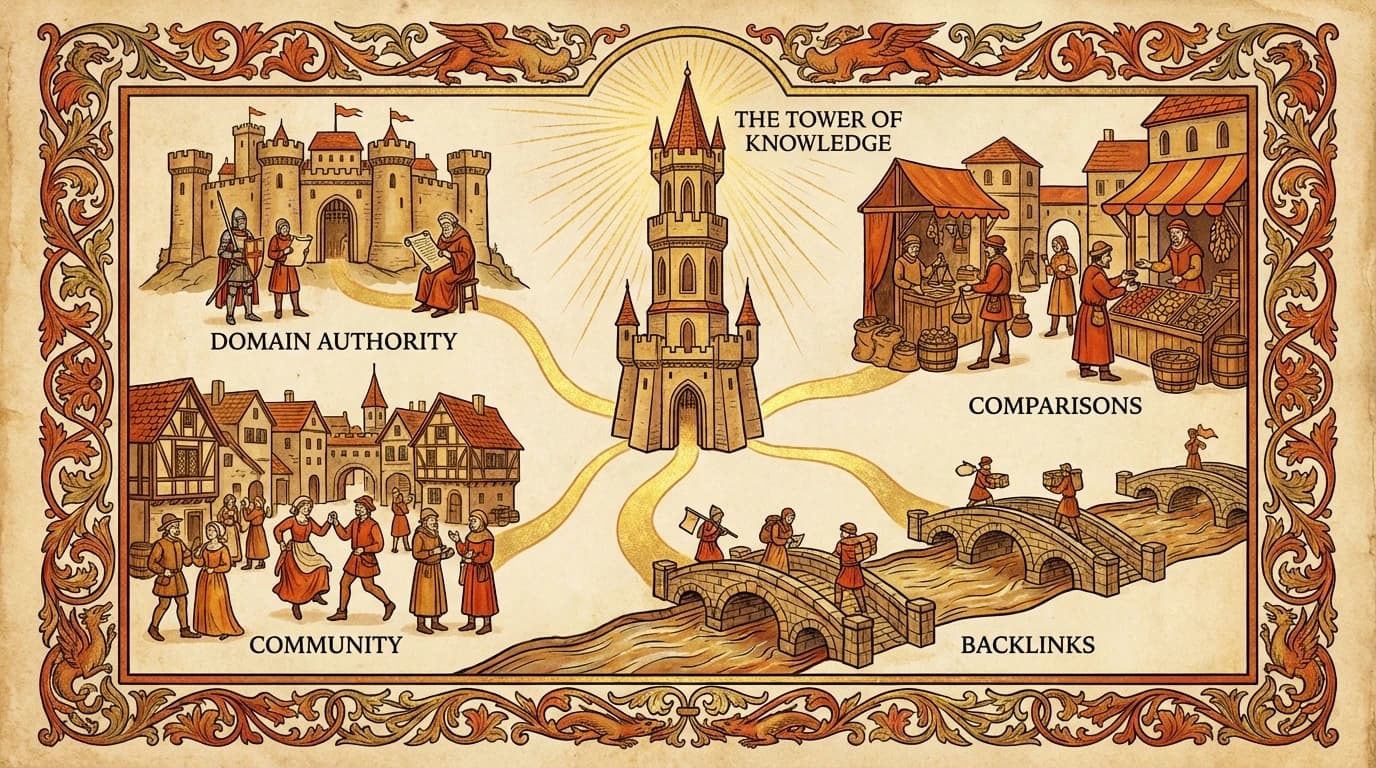 Medieval manuscript illustration showing four interconnected realms converging on a central tower