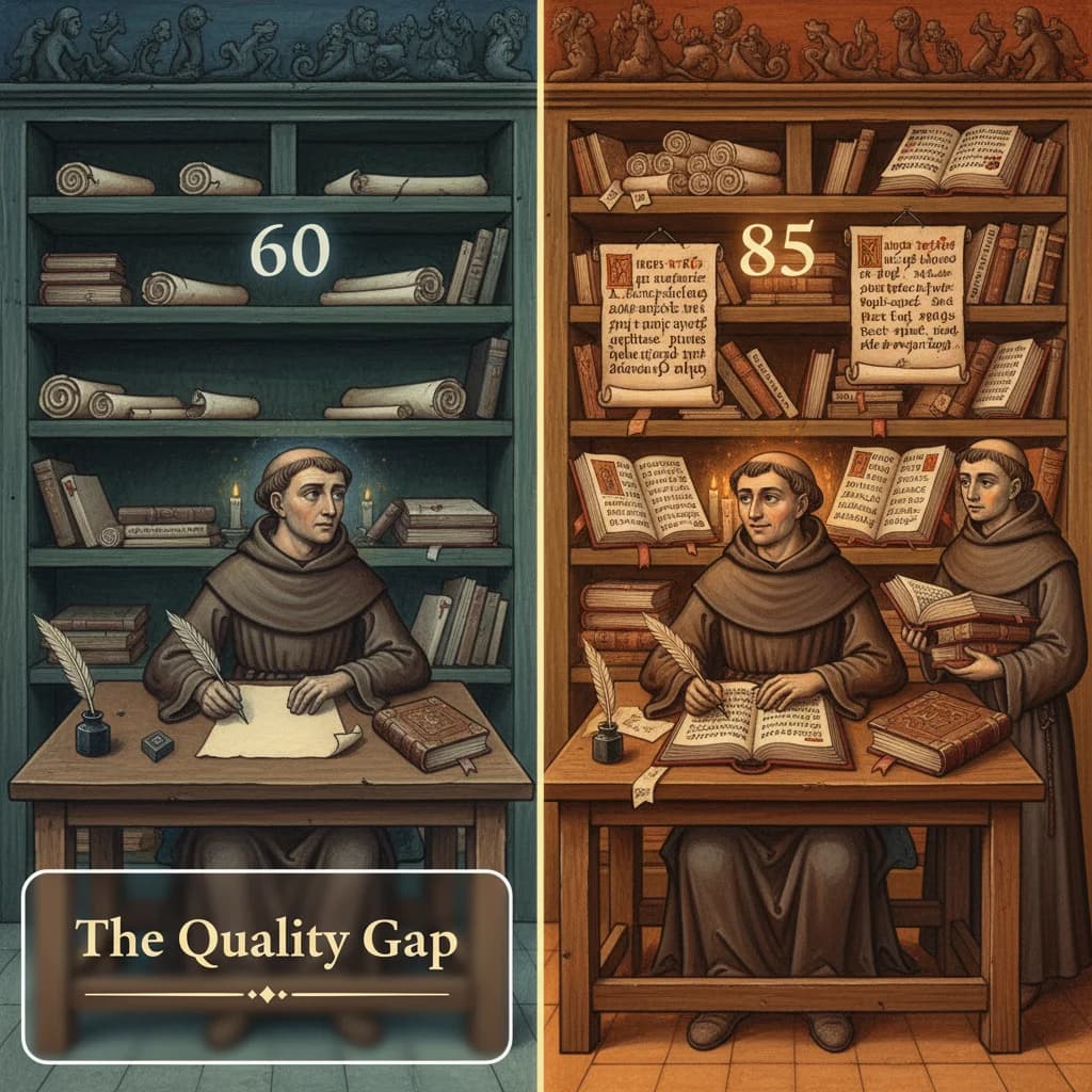 Medieval illustration of two scribes at identical desks, one surrounded by scrolls and references, one with only a blank page