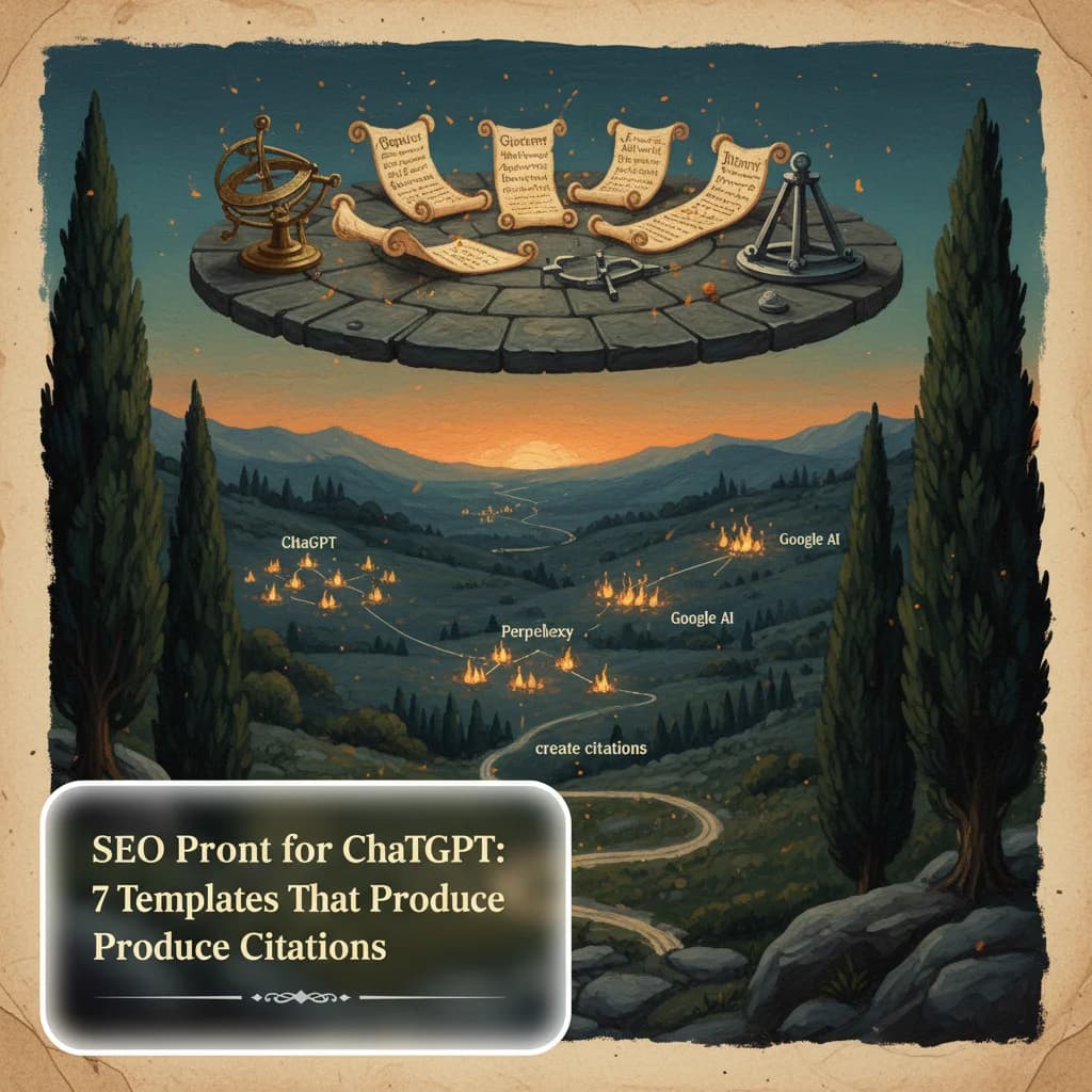 Medieval scribe's observatory with seven glowing scrolls and signal fires representing AI platforms in the distance