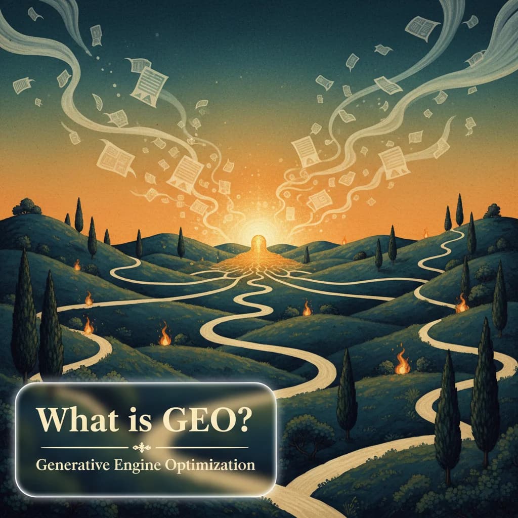 What is GEO? - Twilight landscape showing converging paths and AI answer synthesis in Scapeon world